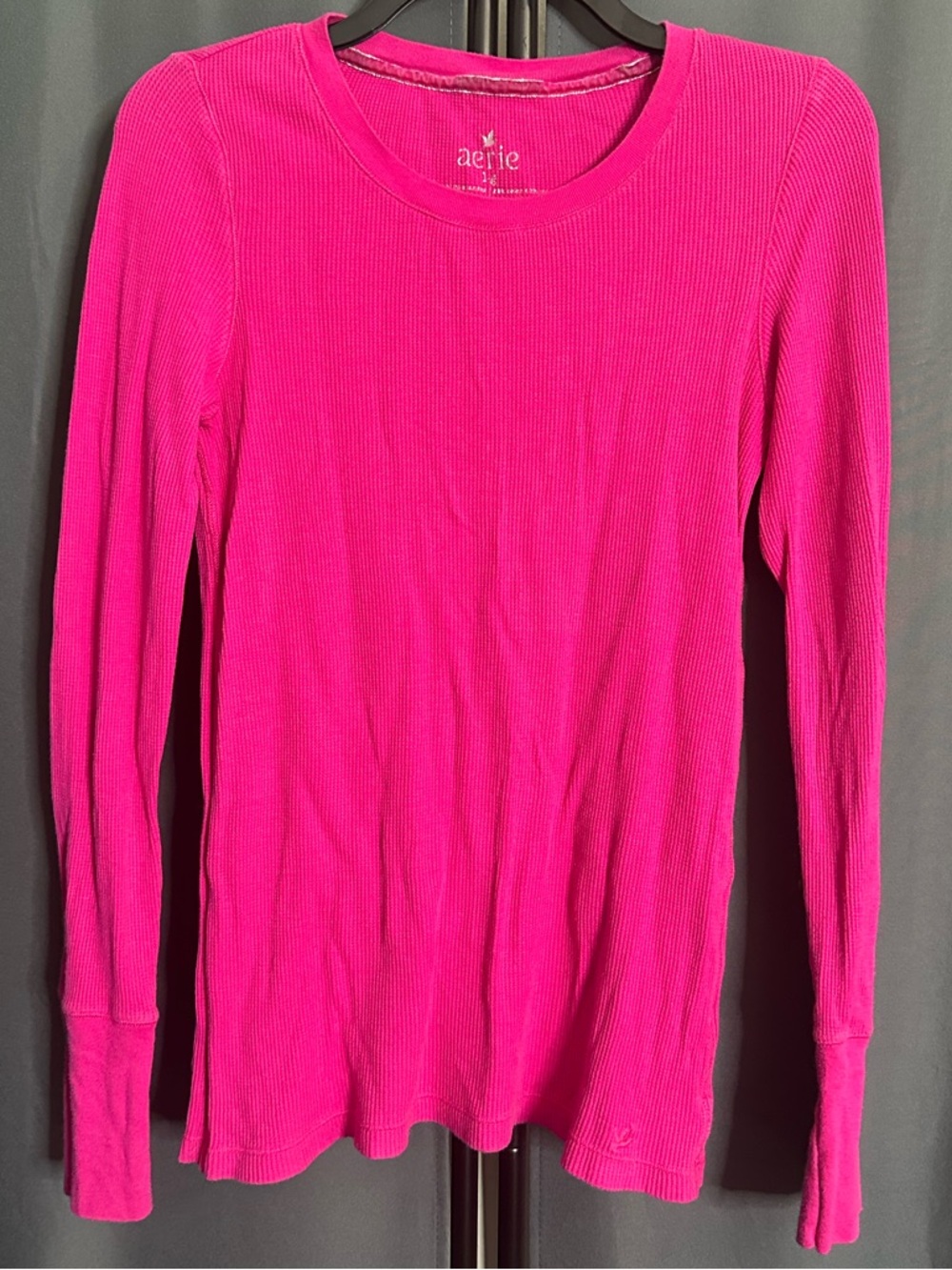 aerie Bright Pink Long-Sleeve Waffle-Knit Crewneck Top